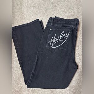 Harley-Davidson Women’s black bootcut jeans with rhinestones.
